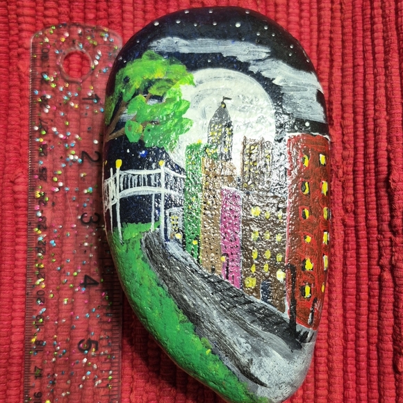 Hand-Painted Cityscape Art Painted Stone Rock - Picture 3 of 4